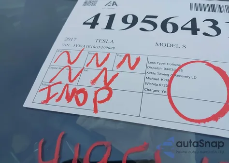 2017 Tesla Model S 60/75 from USA, damaged, VIN 5YJSA1E18HF199888